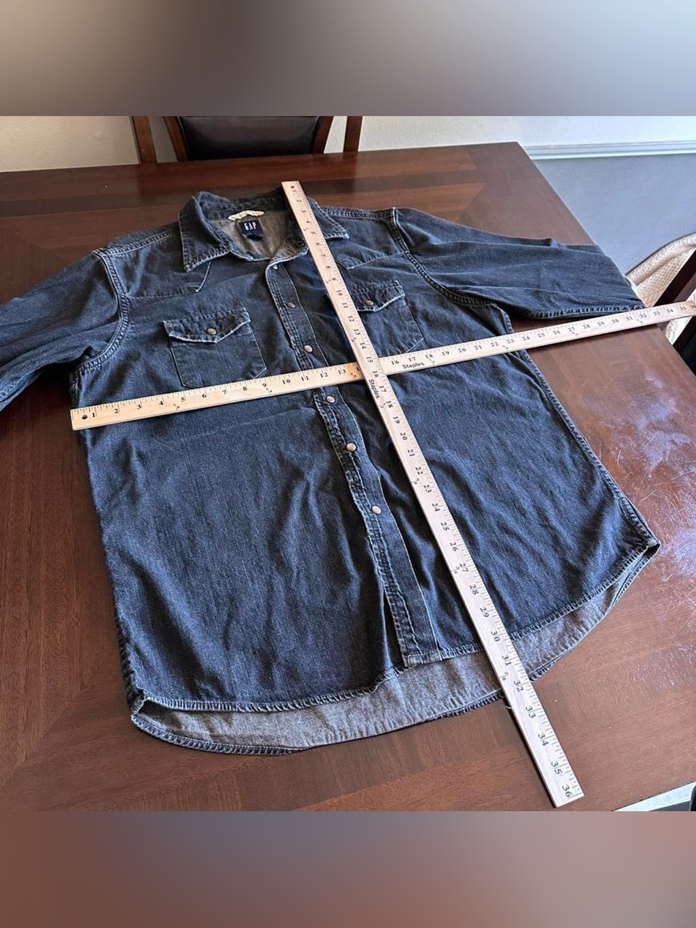Vintage GAP Pearl Snap Denim Western Shirt Men’s L Dark Blue Wash - Picture 5 of 6